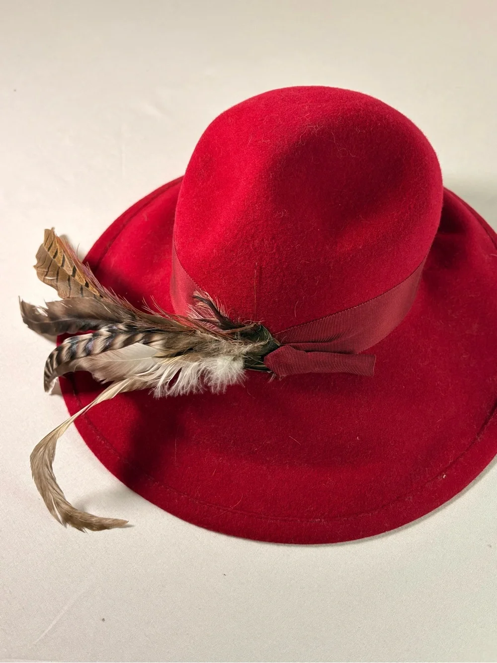 betmar Red Felt Fedora with Ribbon and Feather Accent